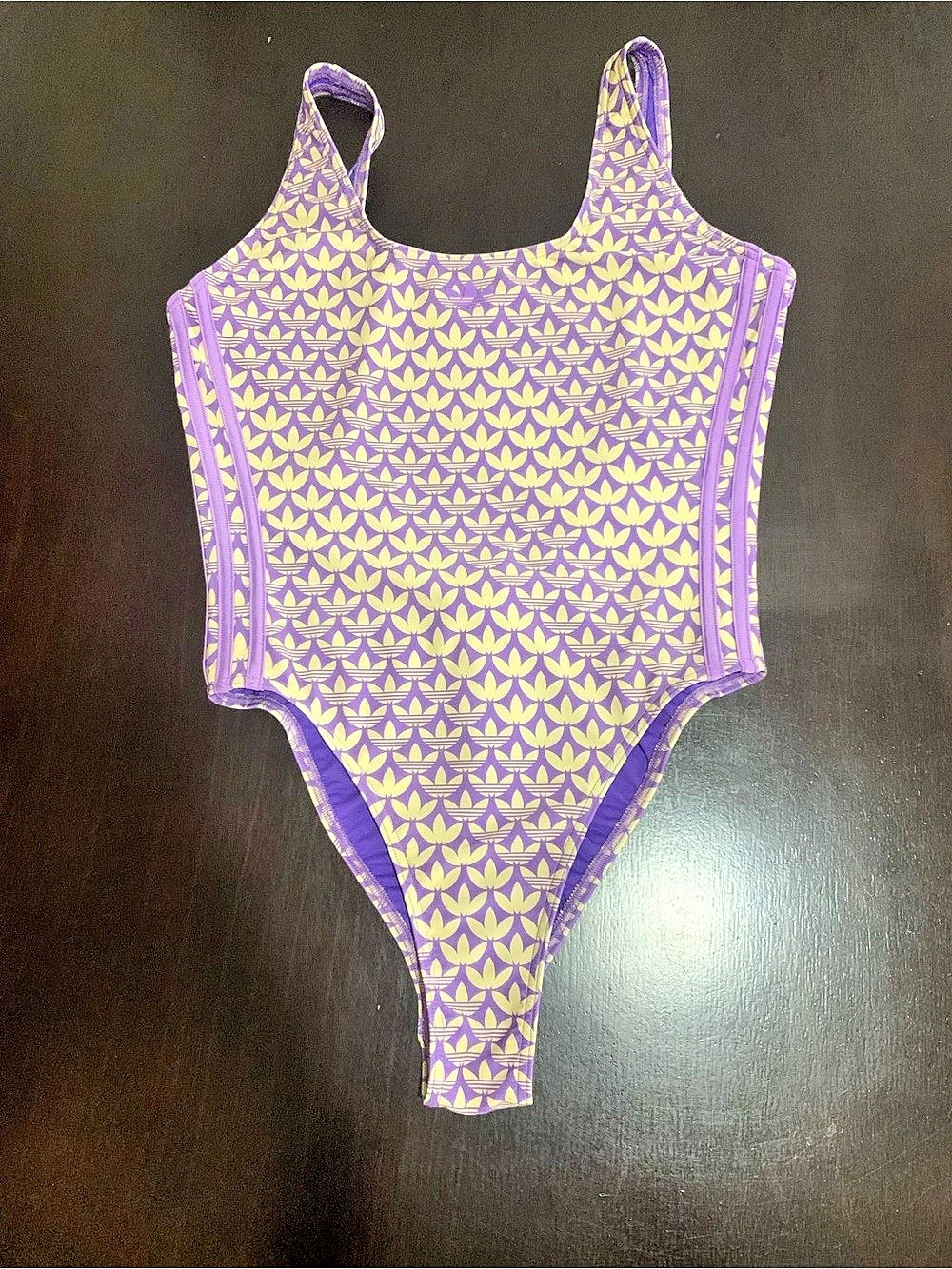 Adidas Originals Monogram One-Piece Swimsuit in Purple & Yellow